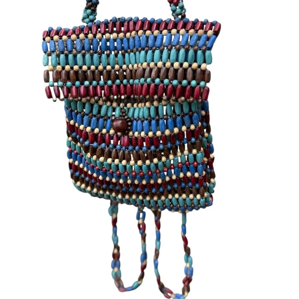 Womens Small Multicolor Beaded Tote Handbag Top Handle Button Closure Boho